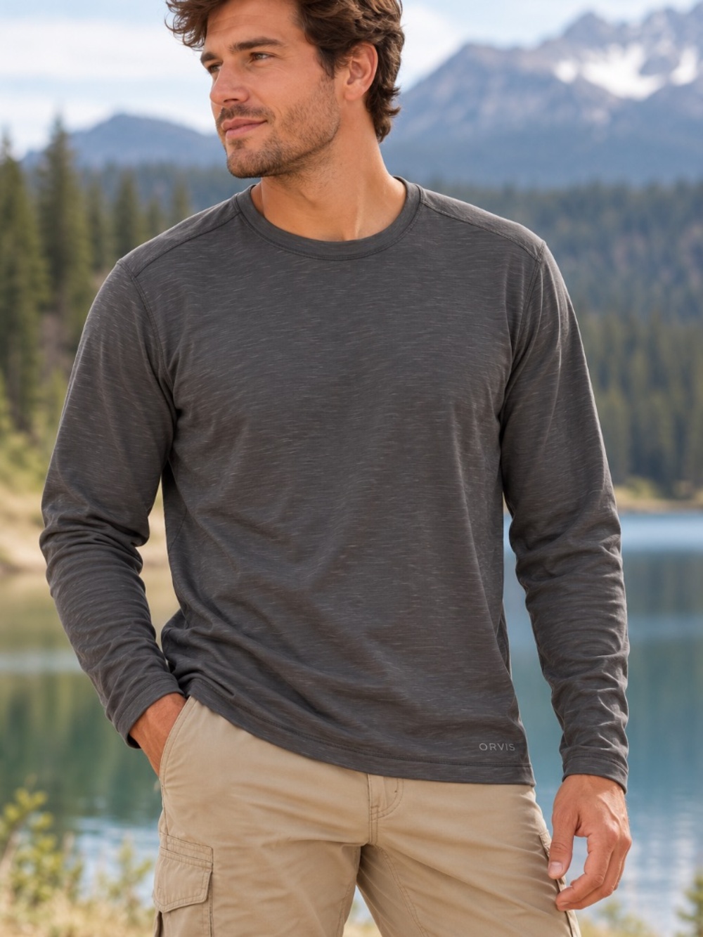 Orvis Crew Neck Shirt Mens Size Medium Cinder Gray Long Sleeve Base layer Hiking